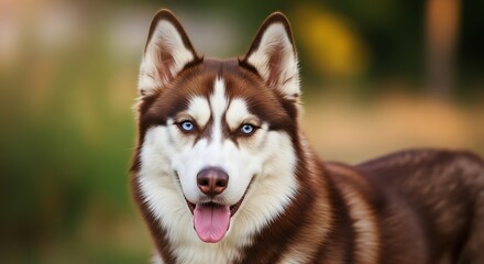 Captivating close-up of a handsome brown and white husky with piercing blue eyes posing outdoors