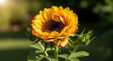 Captivating double sunflower blooming with golden petals and green buds under soft sunlight