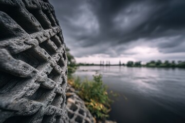 Obraz premium Water and clouds near a rocky shore with a textured surface showing depth in the foreground and distant trees in the background