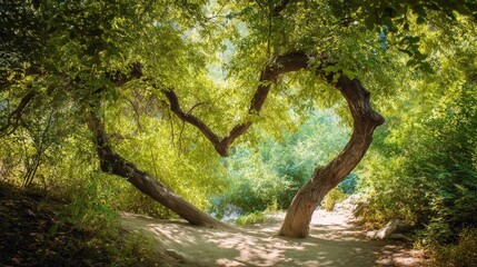 Two leaning trees form a heart-like arch over a sun-dappled woodland path with dense foliage and soft shadows.