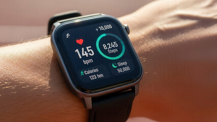 Close-up of smartwatch on wrist displaying fitness tracking data