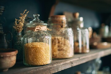 Glass jars filled with grains and spices on wooden shelf in a kitchen setting during daylight hours