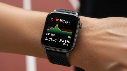 Close-up of smartwatch on wrist displaying fitness tracking data during workout