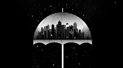 Artistic night sky with scattered stars, oversized umbrella reflecting illuminated cityscape silhouette,