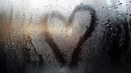 A heart drawn on a fogged window covered with water droplets, creating a romantic, misty texture and blurred gray background.