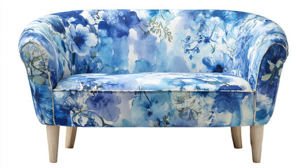 Isolated Floral Blue Linen Armchair on White Background