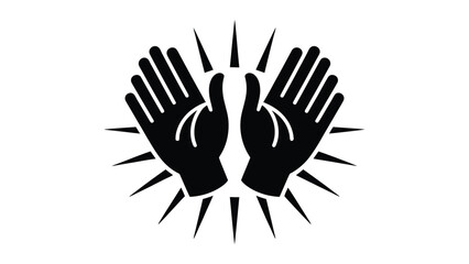 Obraz premium Helping hands silhouette icon with radiant rays in black and white flat style symbolizing support, care, charity and community assistance