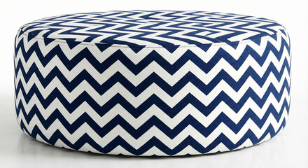 Isolated Contemporary Blue and White Fabric Pouf on White Background