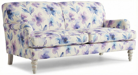 Isolated Floral Patterned Linen Sofa on White Background