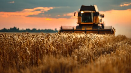Combine harvester working in a field of wheat during sunset