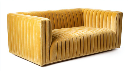 Isolated Mid-Century Modern Yellow Velvet Sofa on White Background