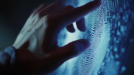 Close-up of finger scanning digital fingerprint on futuristic screen