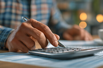 Tax preparation documents and a calculator, accountant intently working
