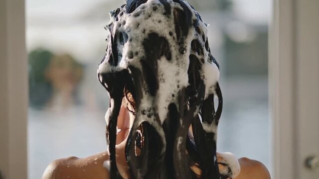 Rear view video of young brunette woman applying creamy shampoo on her wet hair in outdoor shower.Slow motion.AI Generative.