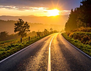 Obraz premium Winding road leads toward sun during vibrant sunset