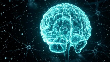 Digital brain hologram glows in cyan against a dark backdrop with interconnected neural pathways and nodes. The visual suggests neuroscience, artificial intelligence and data networks for scientific a - Powered by Adobe
