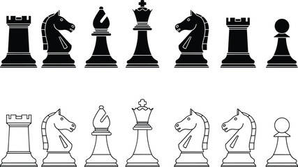 Chess pieces silhouette set, classic board game icons, black and white chess figures, strategy game design, vector illustration collection © farzana