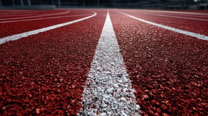 Close-up of an outdoor athletic running track with red rubber surface and white lane markings,