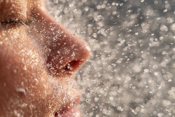 Fototapeta premium Water splashes on face during a sunny day at the beach while enjoying summer fun with friends