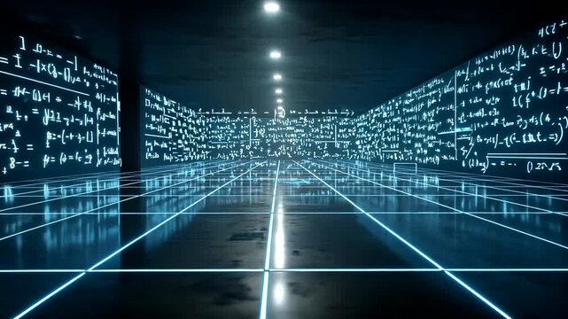 Futuristic Digital Room Filled with Mathematical Equations and Data Patterns