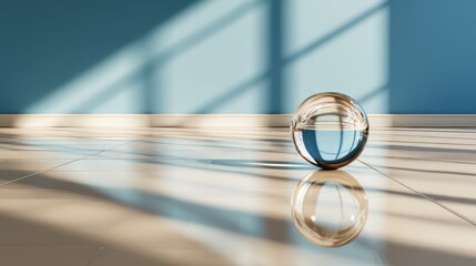 A shimmering translucent sphere rests on a tiled floor, reflecting light and shadows, creating an intriguing play of colors and shapes against the blue wall background.