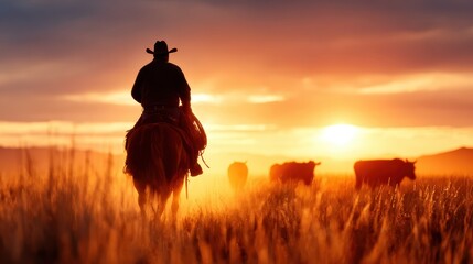 A lone cowboy on horseback guides a small herd of cattle against a stunning sunset, depicting the essence of ranch life and the beauty of the open countryside at dusk.
