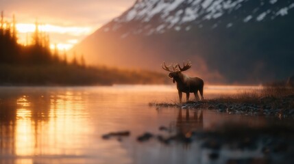A majestic moose stands gracefully by a tranquil lake at sunset, surrounded by mountains and vibrant natural colors reflecting off the water&rsquo;s surface, embodying wilderness beauty.