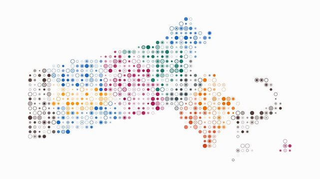 Massachusetts animated shape. Pulsating colored dots on the map of the state. Small size circle blocks. Digital style Massachusetts map on white background. Beautiful animation video.