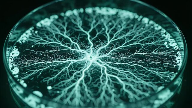 Glowing blue mycelium network growing in petri dish