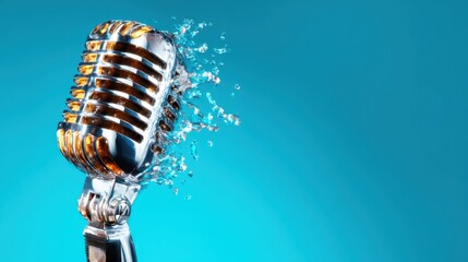 A stunning closeup of a retro microphone splashed with water droplets, giving a sense of dynamic energy in the music scene. An artistic portrayal of sound and rhythm.