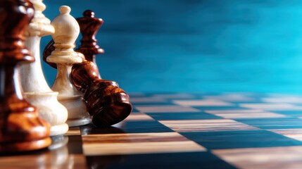 A close-up of intricately designed chess pieces, set on a polished chessboard, evokes strategy and intellectual engagement, encapsulating the essence of timeless games.