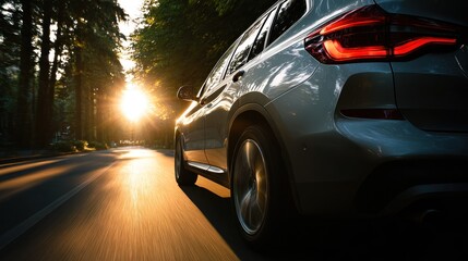 Automobile driving on a tree lined road at sunset with bright sunlight