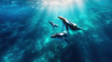 Fototapeta premium A stunning scene capturing a group of humpback whales gracefully swimming together beneath shimmering sunlight in vibrant, blue ocean water, showcasing their beauty.