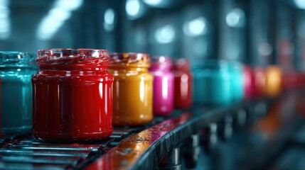 This dynamic image features colorful paint jars lined up on a production line in a factory, showcasing the vibrant hues and the creative potential of artistic endeavors.