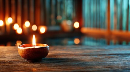A serene wooden bowl holds a lit candle, creating a warm ambiance filled with tranquility, self-care, and relaxation amidst a softly illuminated background.