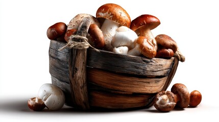 An attractive wooden basket brimming with a variety of fresh mushrooms, showcasing nature's bounty and the fresh, organic elements that elevate culinary creativity and healthy diets.