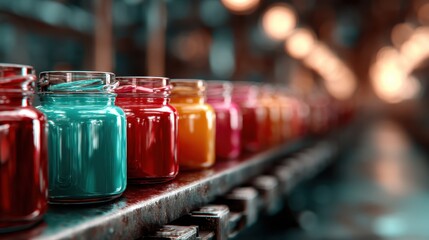 An array of colorful paint jars neatly lined up, showcasing vivid hues and textures, perfect for inspiring creativity and artistic expression in various projects.
