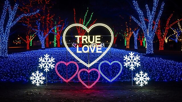 Illuminated heart shaped sign with true love illustration
