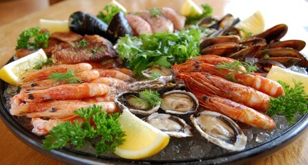 Seafood platter on ice. Fresh seafood assortment