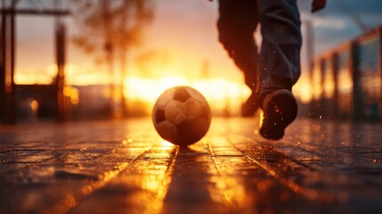 A close-up view of a soccer ball rolling across the wet pavement during sunset, capturing the vibrant colors and reflections in the water for an engaging and dynamic scene.