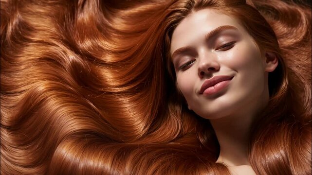 Video of beautiful woman with long silky shiny ginger red hair laying down in studio and smiling to camera.Slow motion video.AI Generative.
