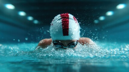 An athlete in a racing cap focuses intensely during a long-distance swim, encapsulating the determination and steadfast spirit required to excel in competitive sports.