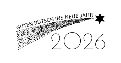 Guten Rutsch ins neue Jahr 2026, deutscher Text f&uuml;r Karten, Web, Banner. Vektor Gestaltung mit Sternschnuppe f&uuml;r gute W&uuml;nsche f&uuml;r das neue Jahr. 