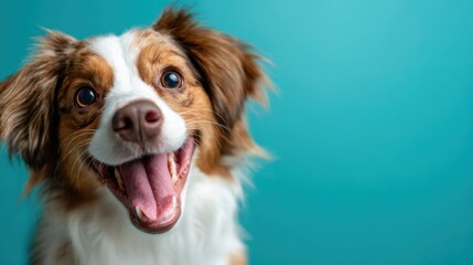 A joyful dog with bright eyes and a cheerful expression is smiling playfully, creating a charming and heartwarming atmosphere against a vibrant turquoise backdrop.