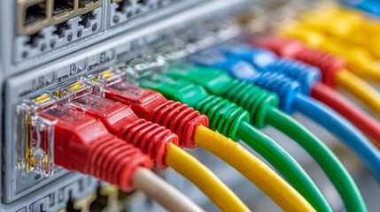 Network connectivity cables in various colors plugged into a server switch port panel signaling data transmission and internet infrastructure technology setup