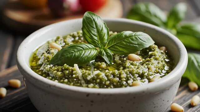 Green basil pesto sauce in a small white bowl