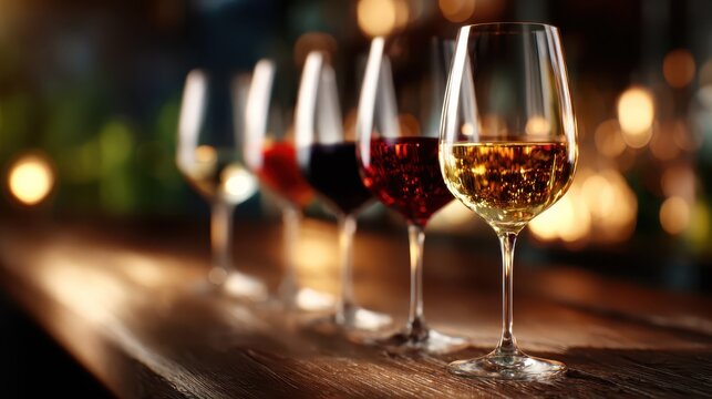 This striking image features a row of wine glasses filled with various colorful beverages, highlighting the elegance of each drink and the atmosphere of social enjoyment around them.