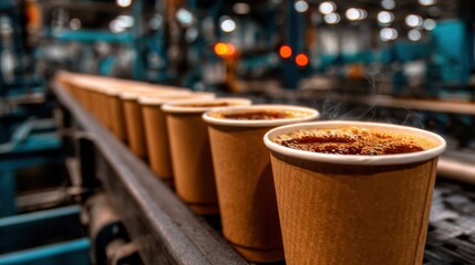 A captivating view of steaming coffee cups lined on a conveyor belt, accurately portraying the hustle of the beverage industry and daily caffeine rituals.