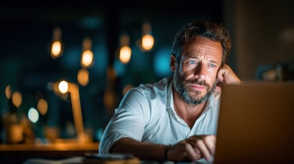 An introspective man gazes thoughtfully at his laptop in a dimly lit workspace, embodying concentration and the emotional toll of daily ambitions in a modern professional life.