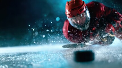 An ice hockey player is dramatically sprawled on the ice, focused on the puck, surrounded by splashing ice particles, conveying intensity and competition in sports.